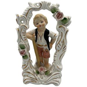 Vtg Hand Painted Porcelain Boy With Spade in White & Gold Roses Archway Figurine